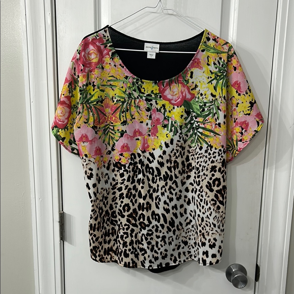 Jaclyn Smith Pink and Yellow Graphic Short Sleeve Blouse
